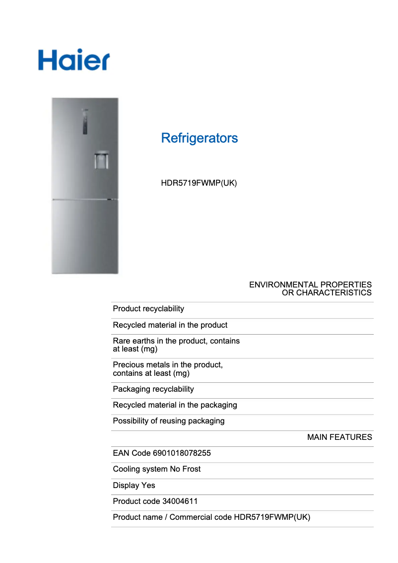 Page n°1 - Label énergétique Haier HDR5719FWMP