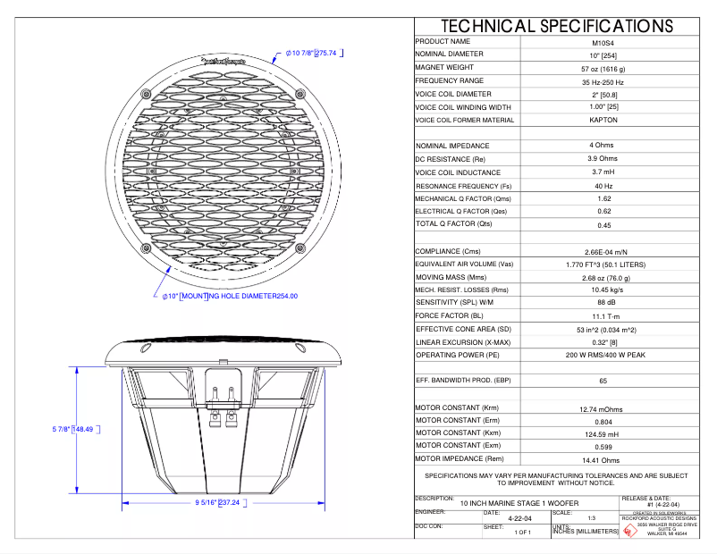Page 1 de la notice Fiche technique Rockford Fosgate Marine M110S4