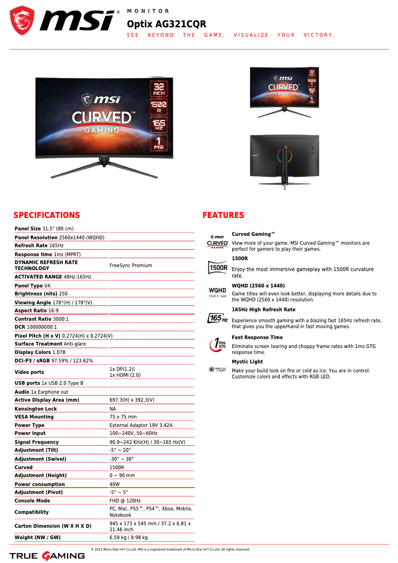 Página 1 del manual Ficha técnica MSI Optix AG321CQR