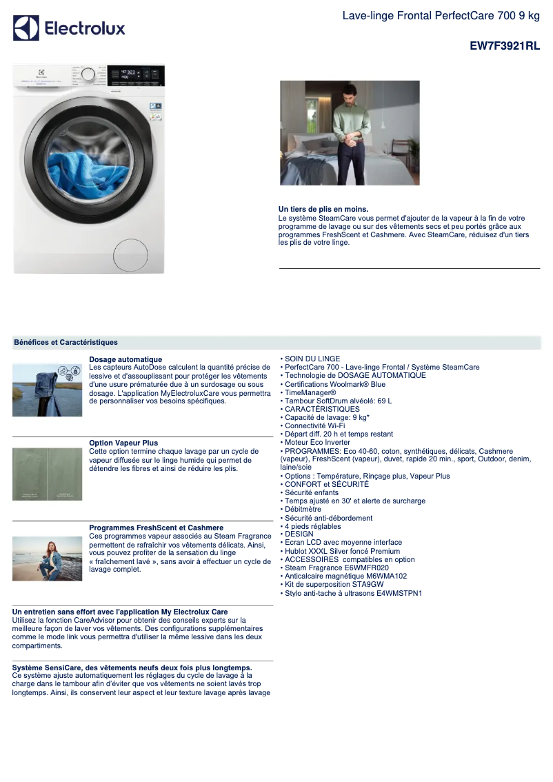 Page n°1 - Fiche technique Electrolux EW7F3921RL