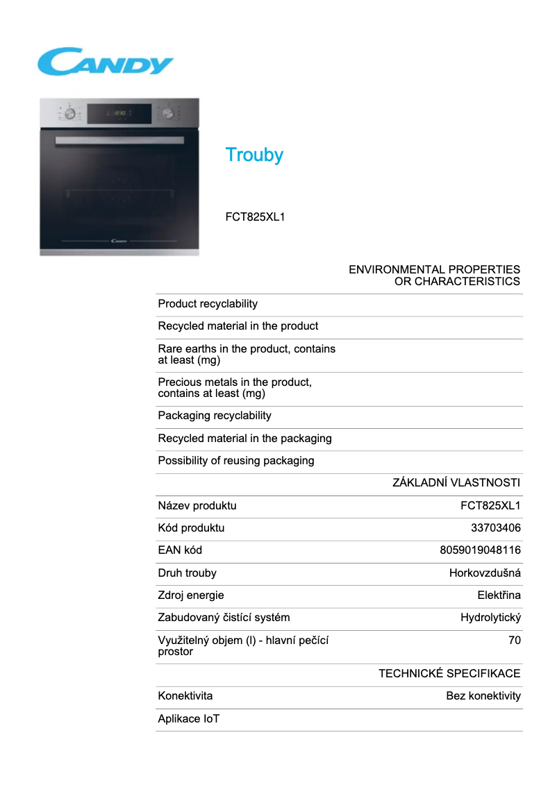 Page 1 de la notice Fiche technique Candy FCT825XL1