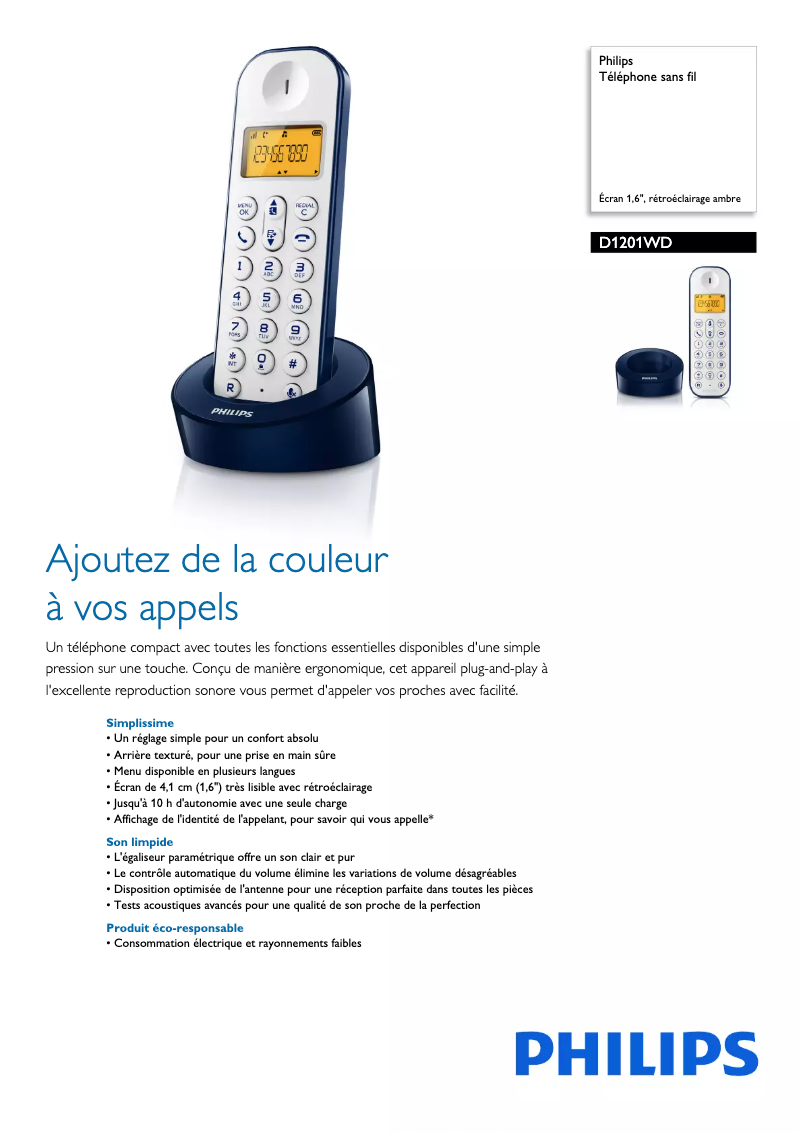 Página 1 del manual Ficha técnica Philips D1201WD