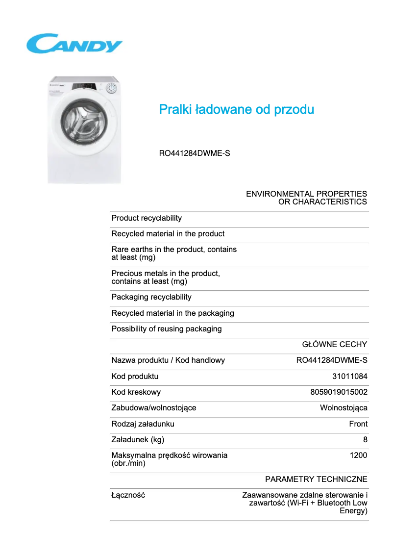 Page 1 de la notice Fiche technique Candy RO441284DWME-S