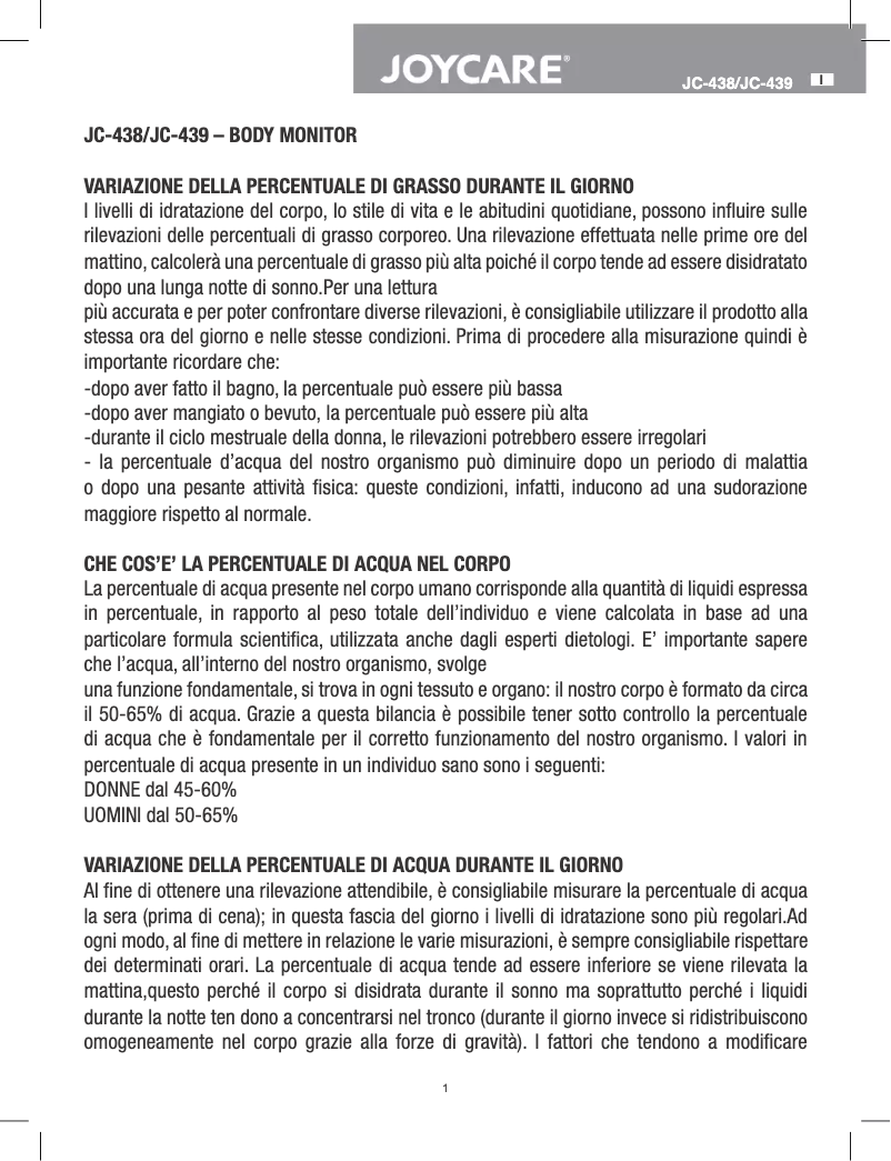 Page n°1 - Manuel utilisateur Joycare JC-438