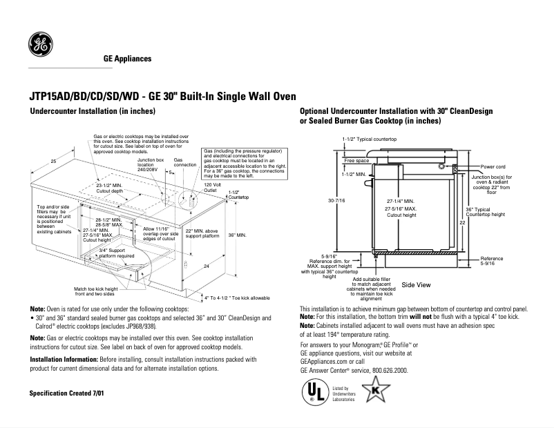 Page n°1 - Fiche technique GE JTP15CDCC