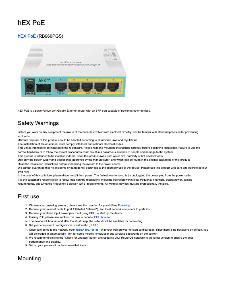 Page 1 de la notice Manuel utilisateur Mikrotik hEX PoE