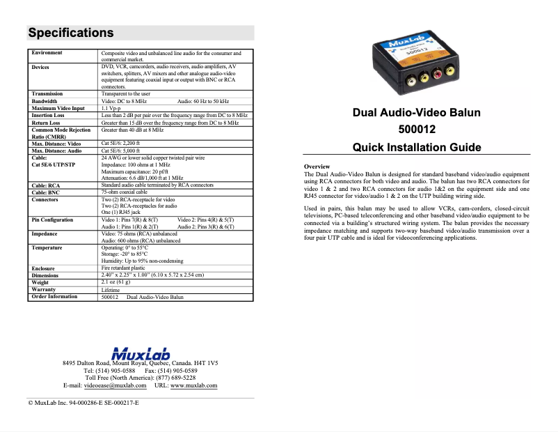 Page 1 de la notice Manuel utilisateur MuxLab Dual Audio-Video Balun