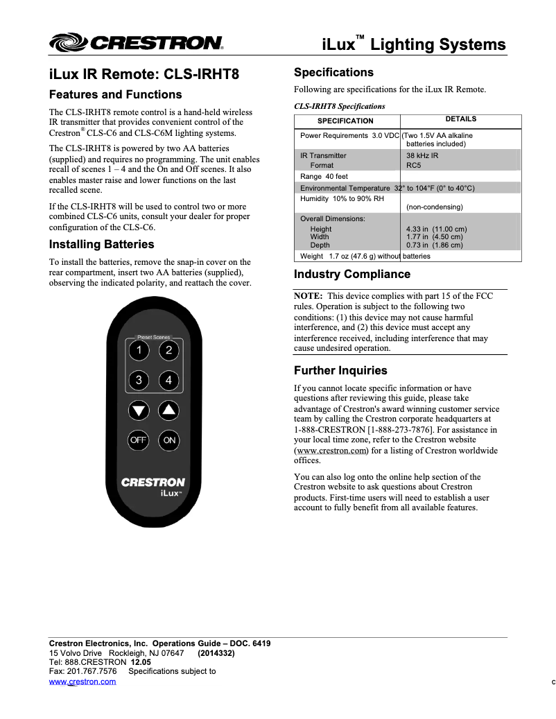 Page n°1 - Manuel utilisateur Crestron CLS-IRHT8