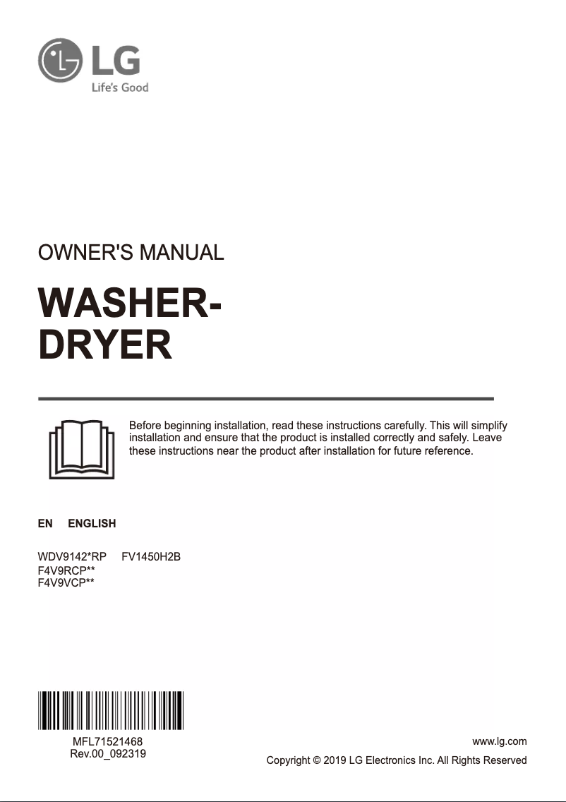 Page 1 de la notice Manuel utilisateur LG F4V9RCP2W