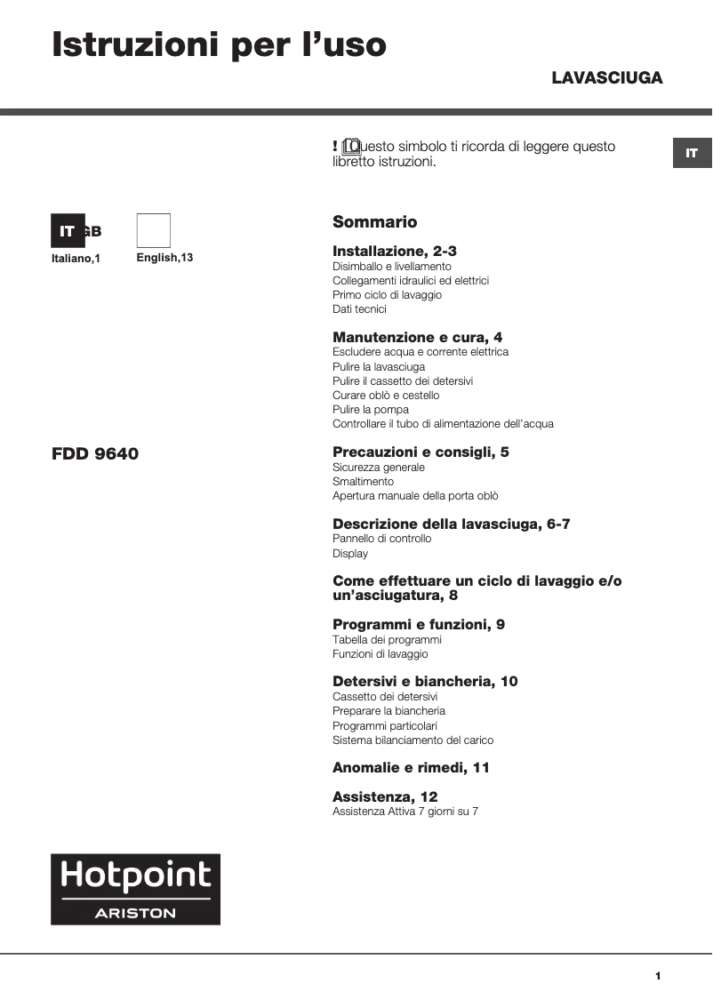 Página 1 del manual Manual de usuario Hotpoint FDD 9640B IT