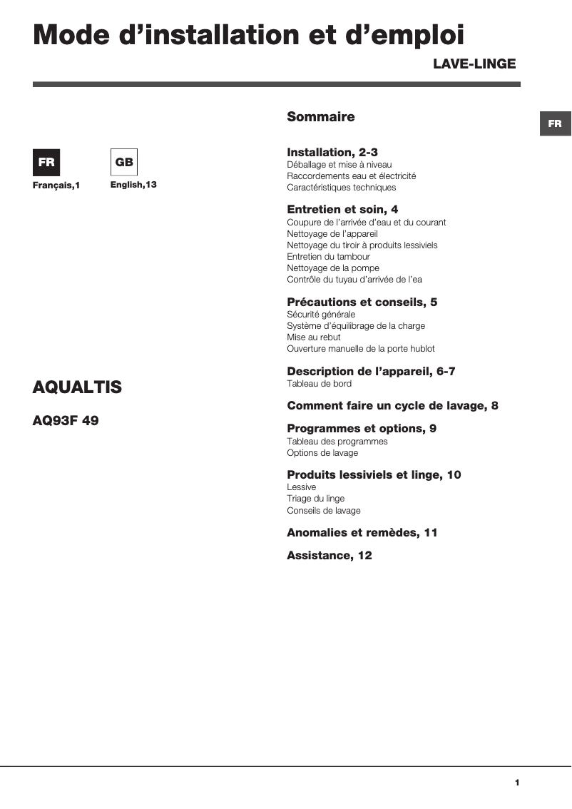 Image de la première page du manuel de l'appareil Aqualtis AQ93F 49