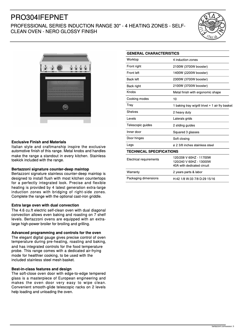 Page 1 de la notice Fiche technique Bertazzoni PRO304IFEPNET