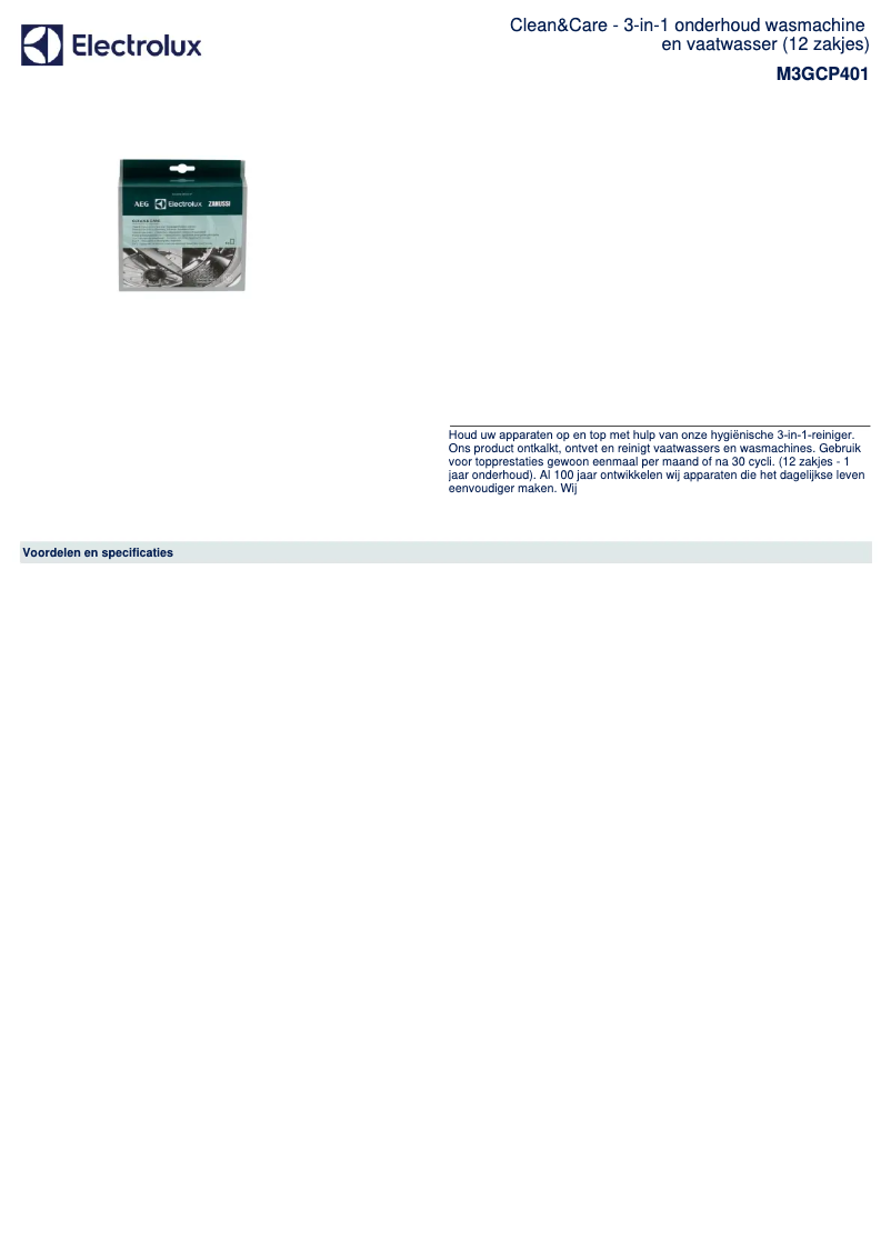 Page 1 de la notice Fiche technique Zanussi M3GCP401