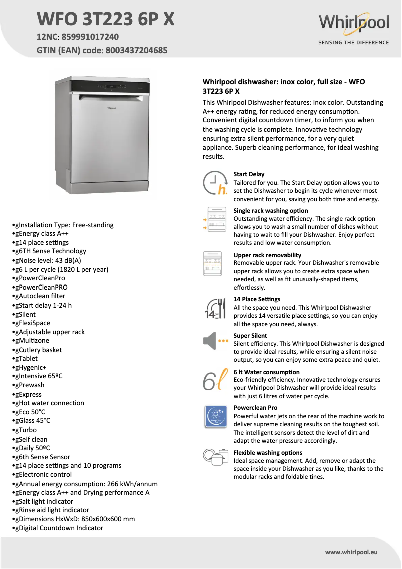 Page n°1 - Fiche technique Whirlpool WFO 3T223 6P X
