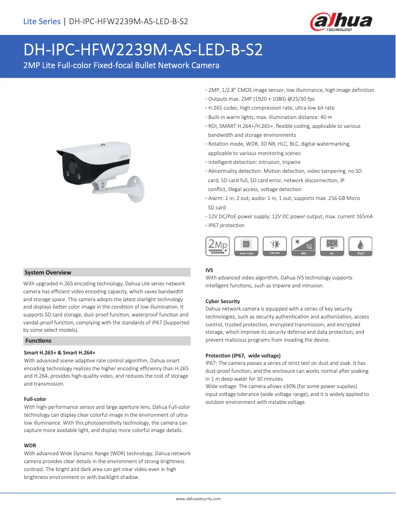 Page 1 de la notice Fiche technique Dahua Technology IPC-HFW2239M-AS-LED-B-S2