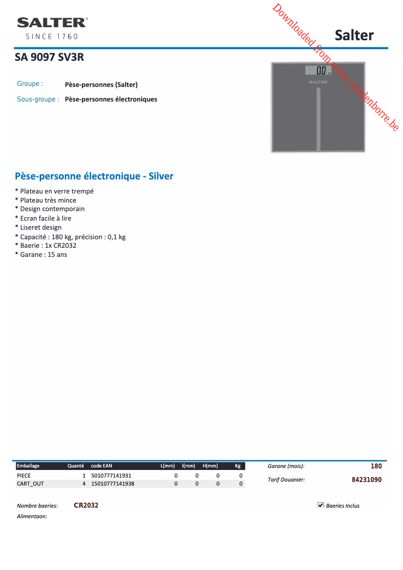 Page 1 de la notice Fiche technique Salter 9097 SV3R