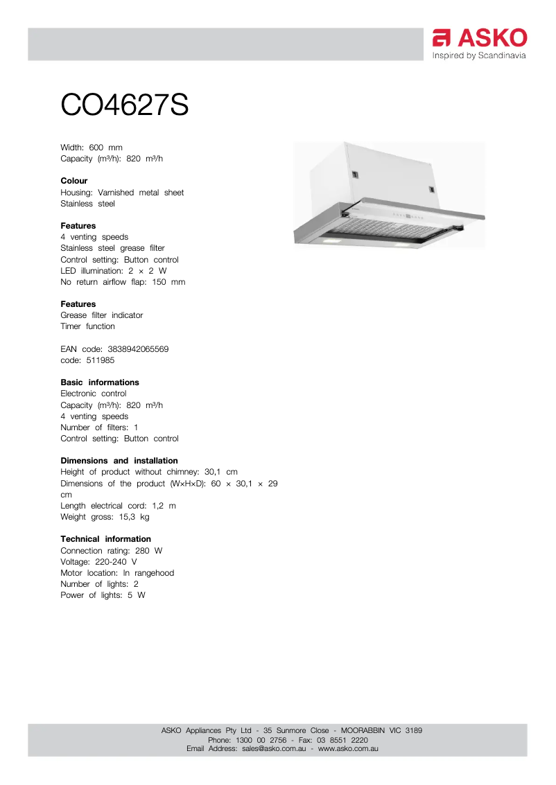 Page n°1 - Fiche technique Asko CO4627S