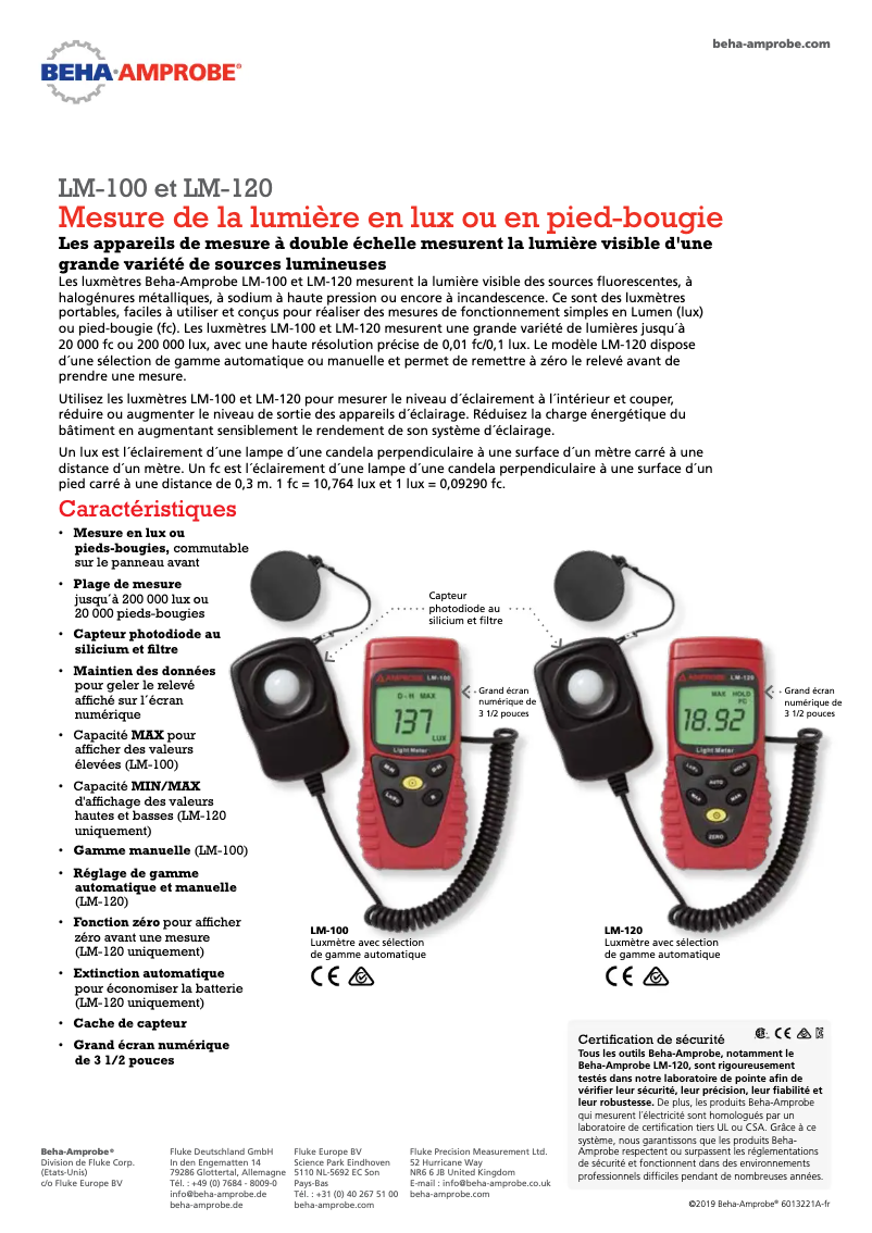 Page 1 de la notice Fiche technique Beha-Amprobe LM-100