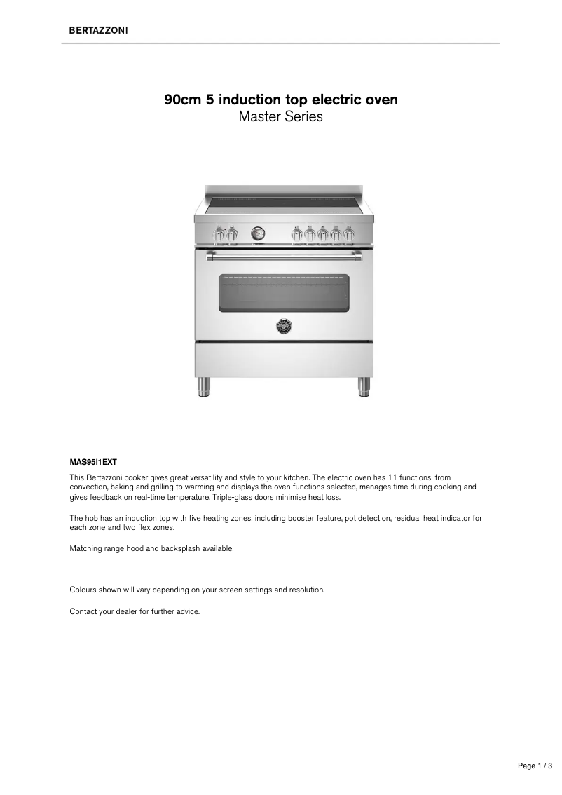 Page 1 de la notice Fiche technique Bertazzoni MAS95I1EXT