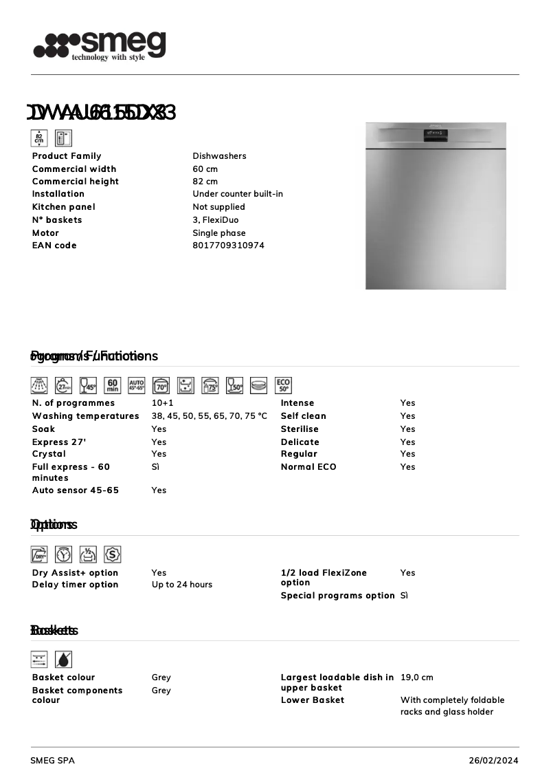 Page n°1 - Fiche technique Smeg DWAU615DX3