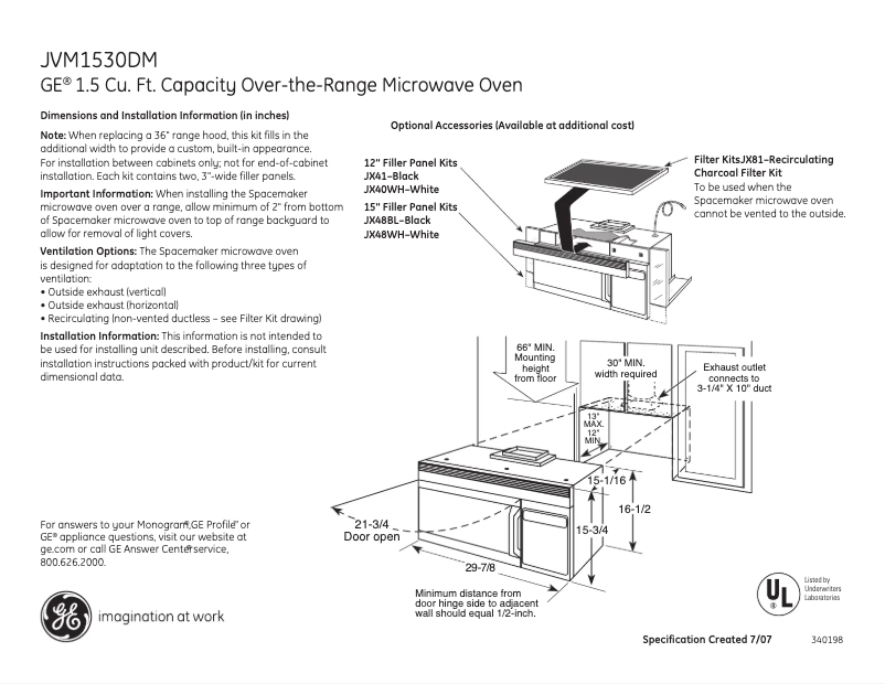 Page 1 de la notice Fiche technique GE JVM1530DMWW