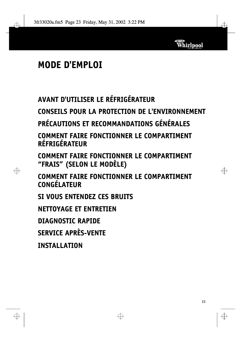 Page 1 de la notice Manuel utilisateur Whirlpool ARC 7920