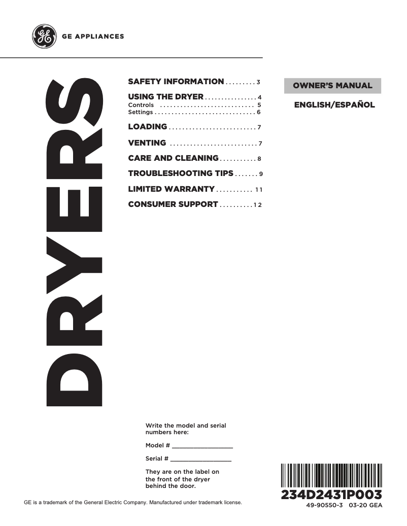 First page image of the manual for GTD33EASKWW