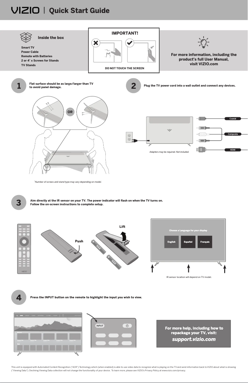 Page 1 de la notice Guide de démarrage rapide VIZIO M50Q7-H1