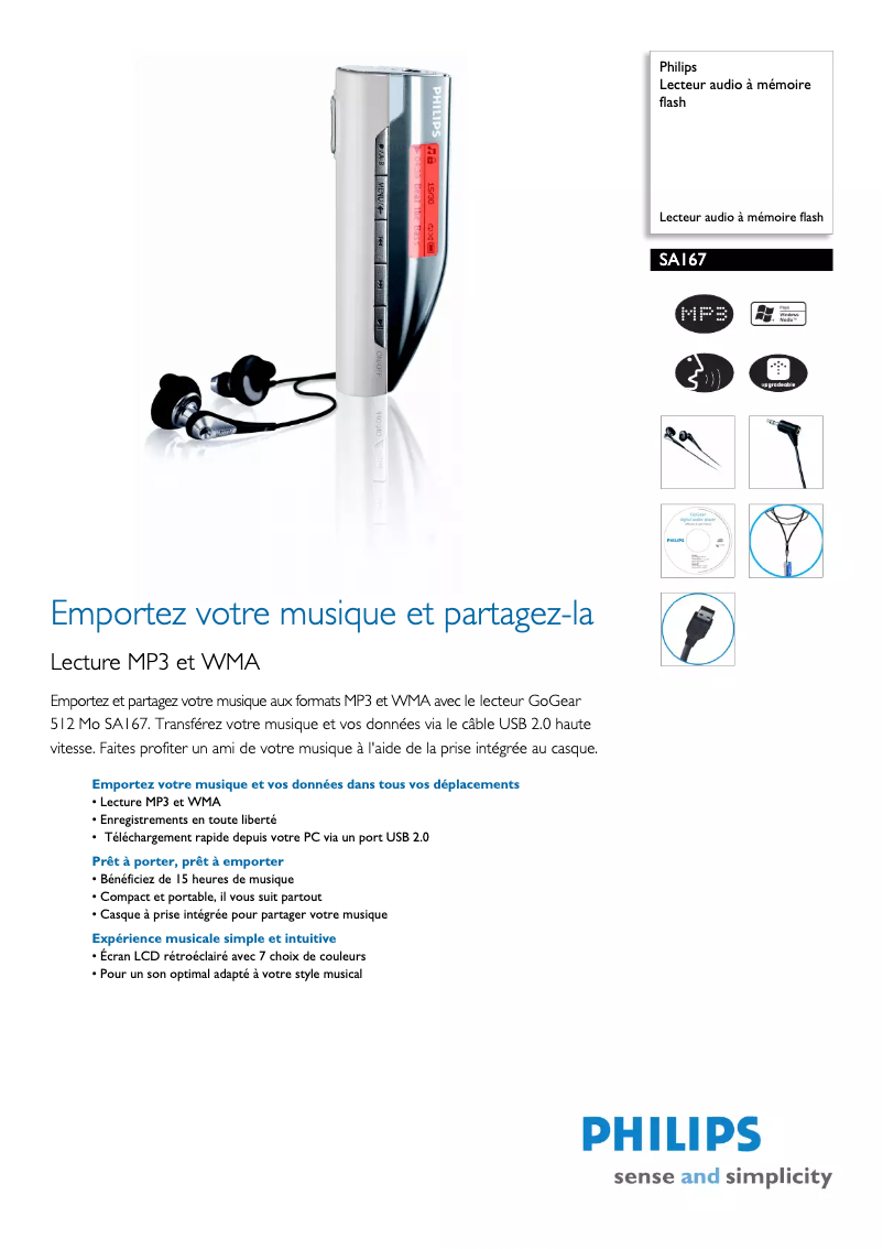 Page 1 de la notice Fiche technique Philips GoGear SA167