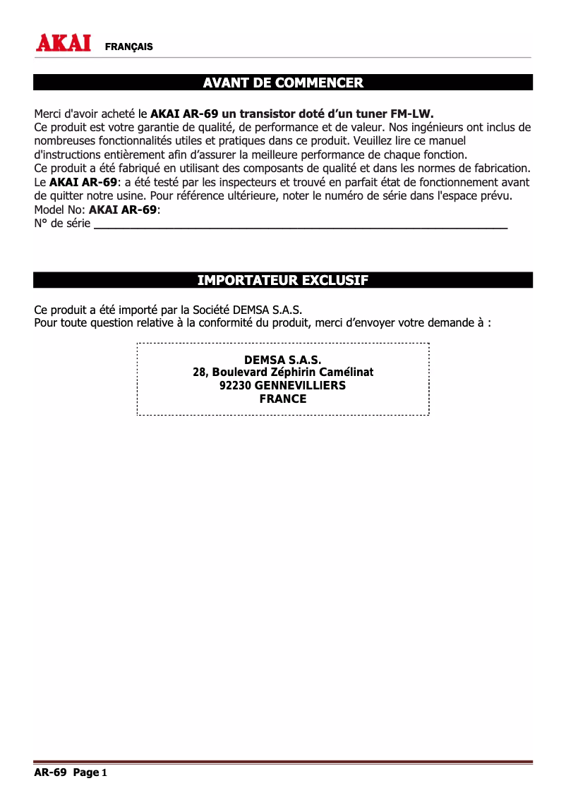 Page 1 de la notice Manuel utilisateur AKAI AR-69