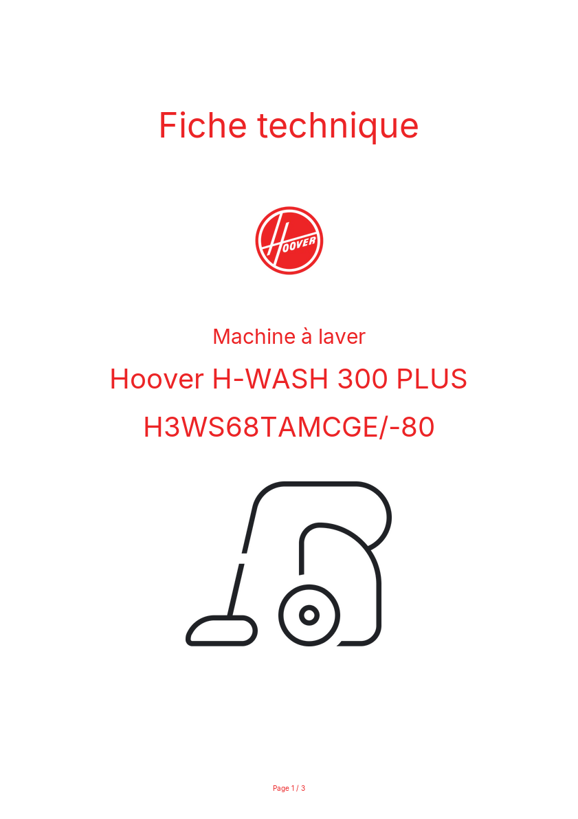 Page n°1 - Fiche technique Hoover H-WASH 300 PLUS H3WS68TAMCGE/-80