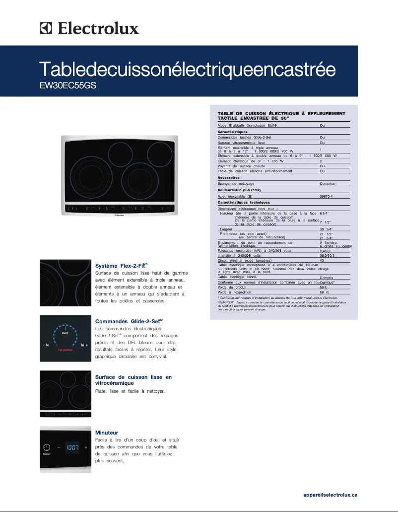 Page 1 de la notice Fiche technique Electrolux EW30EC55GW