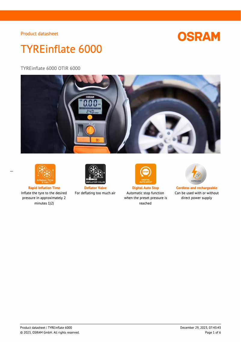Page n°1 - Fiche technique Osram TYREinflate 6000