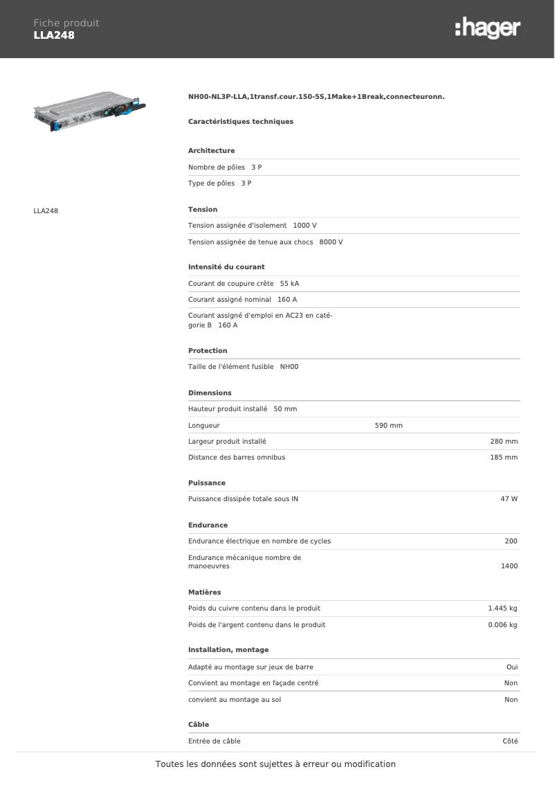 Page n°1 - Fiche technique Hager LLA248