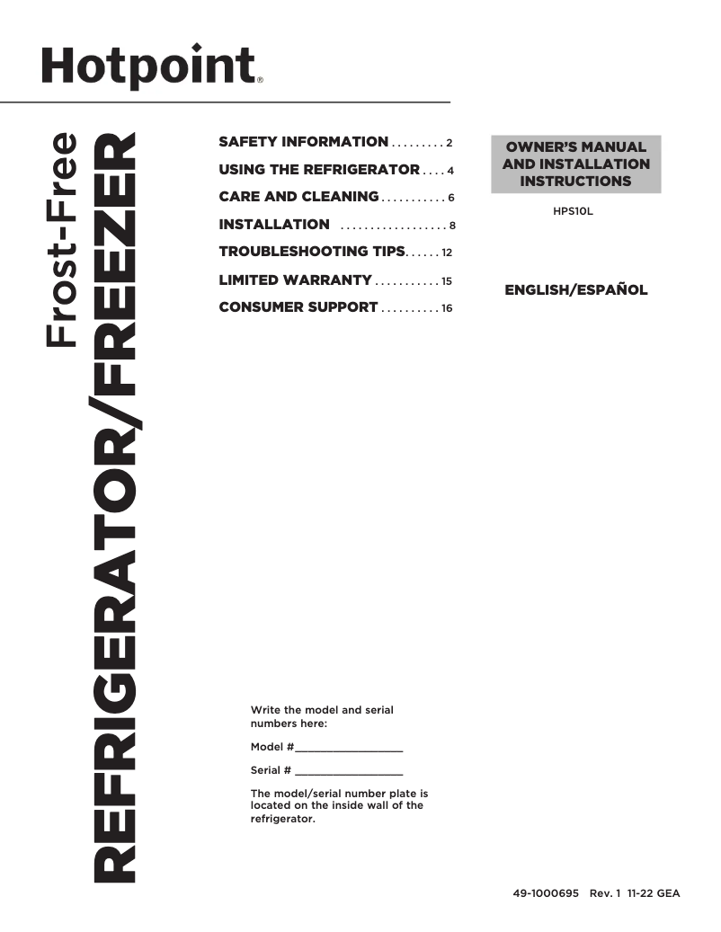 Page 1 de la notice Manuel utilisateur Hotpoint HPS10LGVRWW