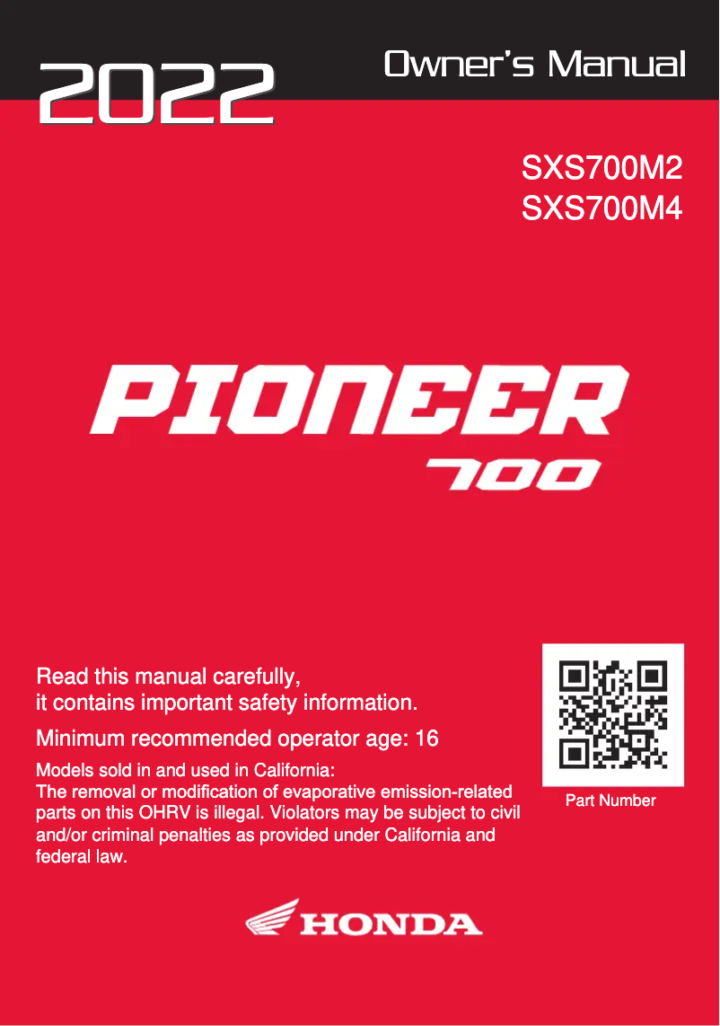 Page 1 de la notice Manuel utilisateur Honda Pioneer 700-4 (2022)