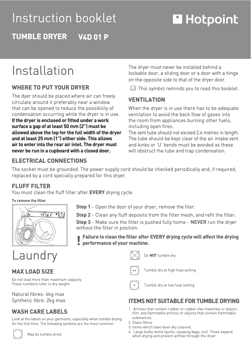 Page 1 de la notice Manuel utilisateur Hotpoint V4D 01 P (UK)