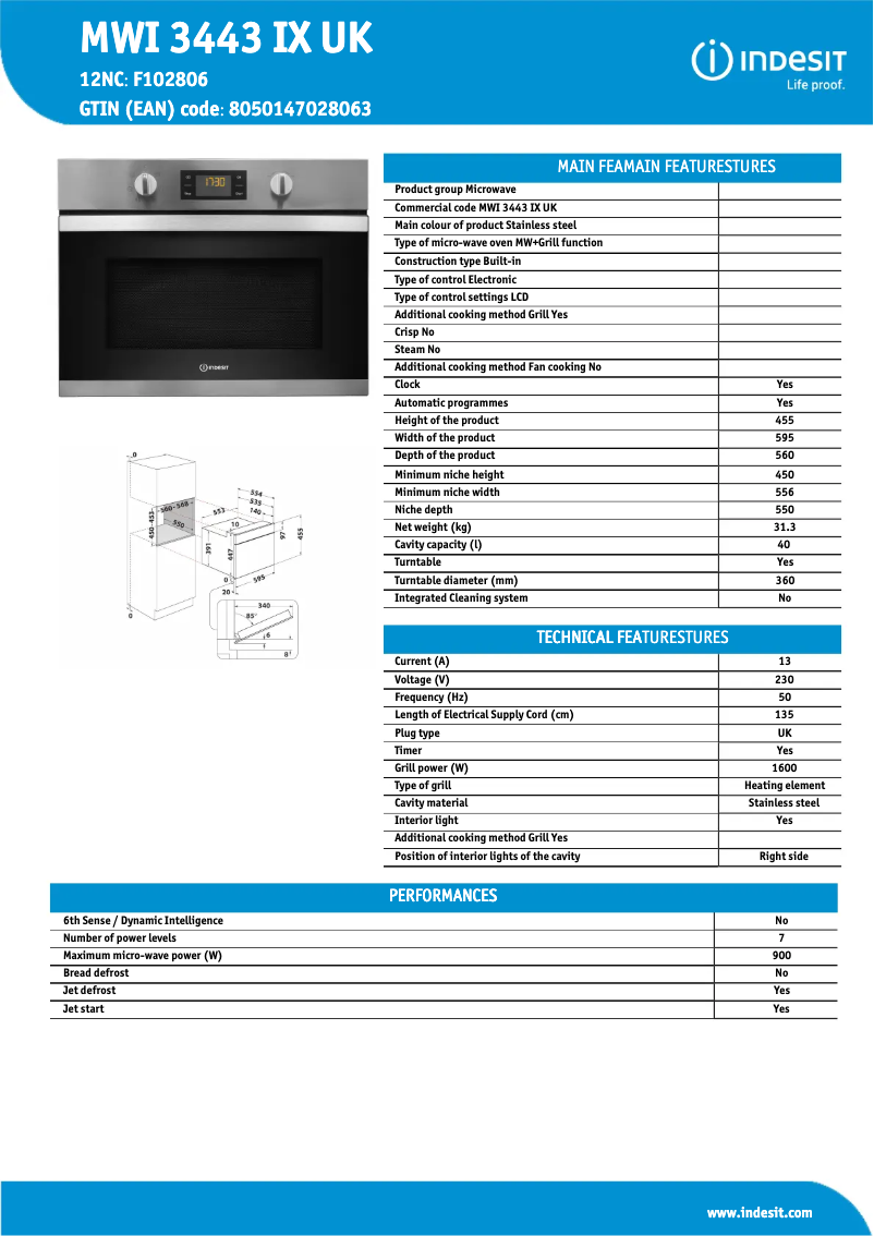 Page 1 de la notice Fiche technique Indesit MWI 3443 IX