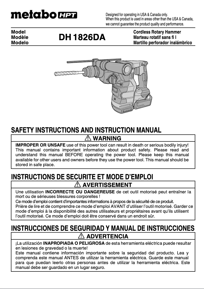 Page 1 de la notice Manuel utilisateur Metabo DH1826DAQ4
