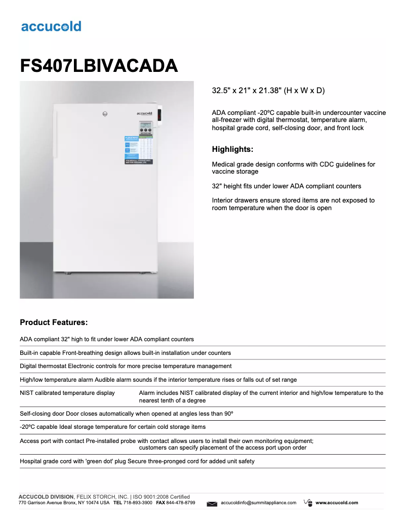 Image de la première page du manuel de l'appareil Accucold FS407LBIVACADA