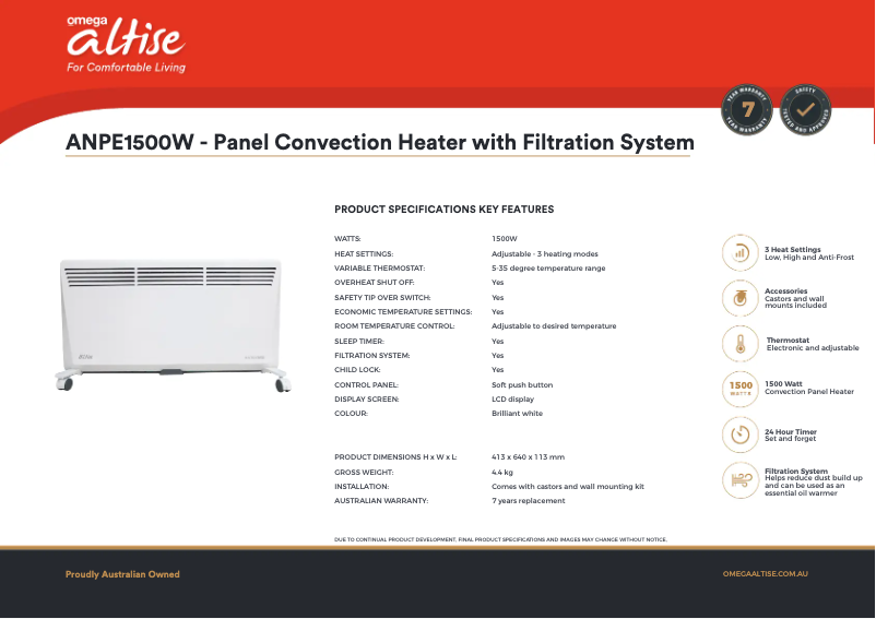 Page 1 de la notice Fiche technique Omega Altise ANPE1500W