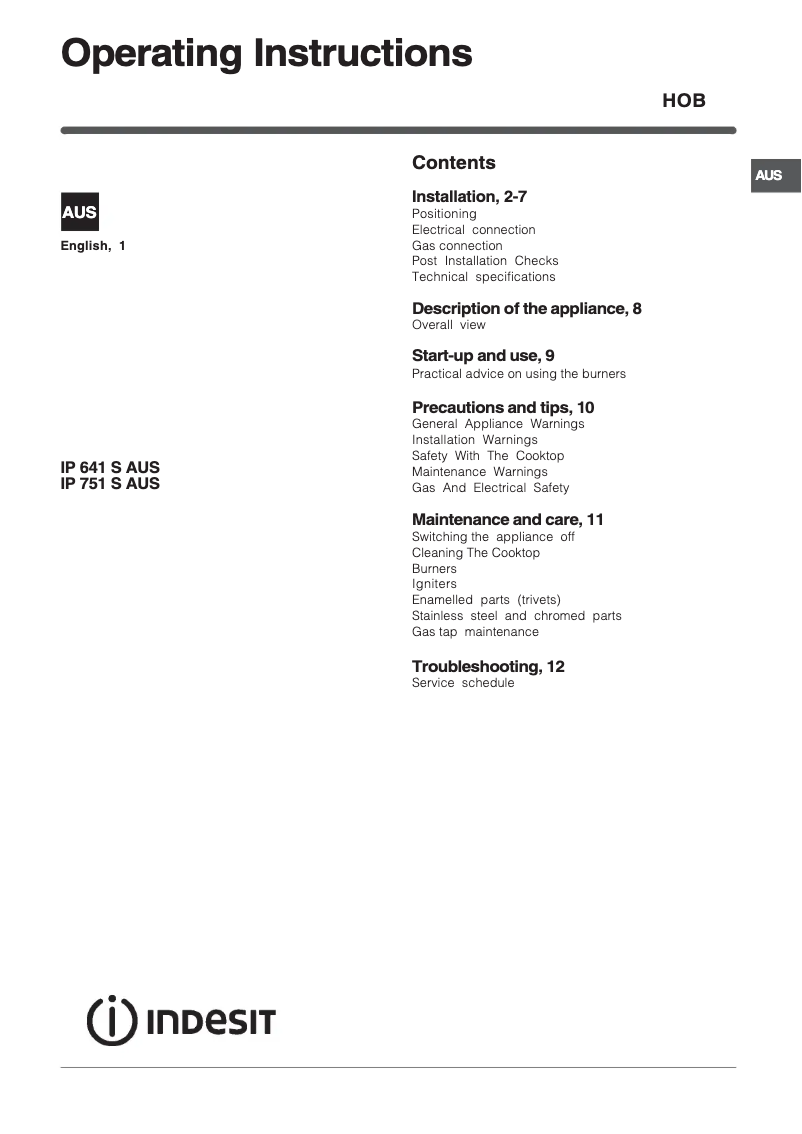 Page 1 de la notice Manuel utilisateur Indesit IP 641 S (IX) AUS