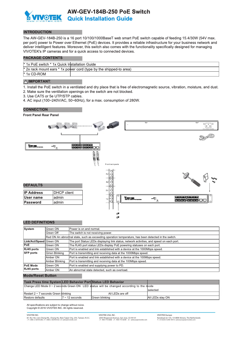 Page 1 de la notice Guide d'installation Vivotek AW-GEV-184B-250