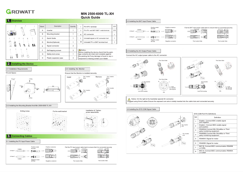 Page 1 de la notice Manuel utilisateur Growatt MIN 2500-4600TL-XH