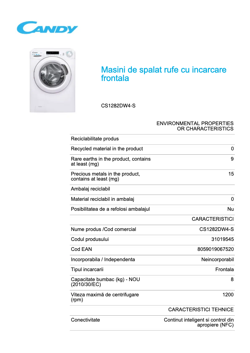 Page 1 de la notice Fiche technique Candy CS1282DW4-S