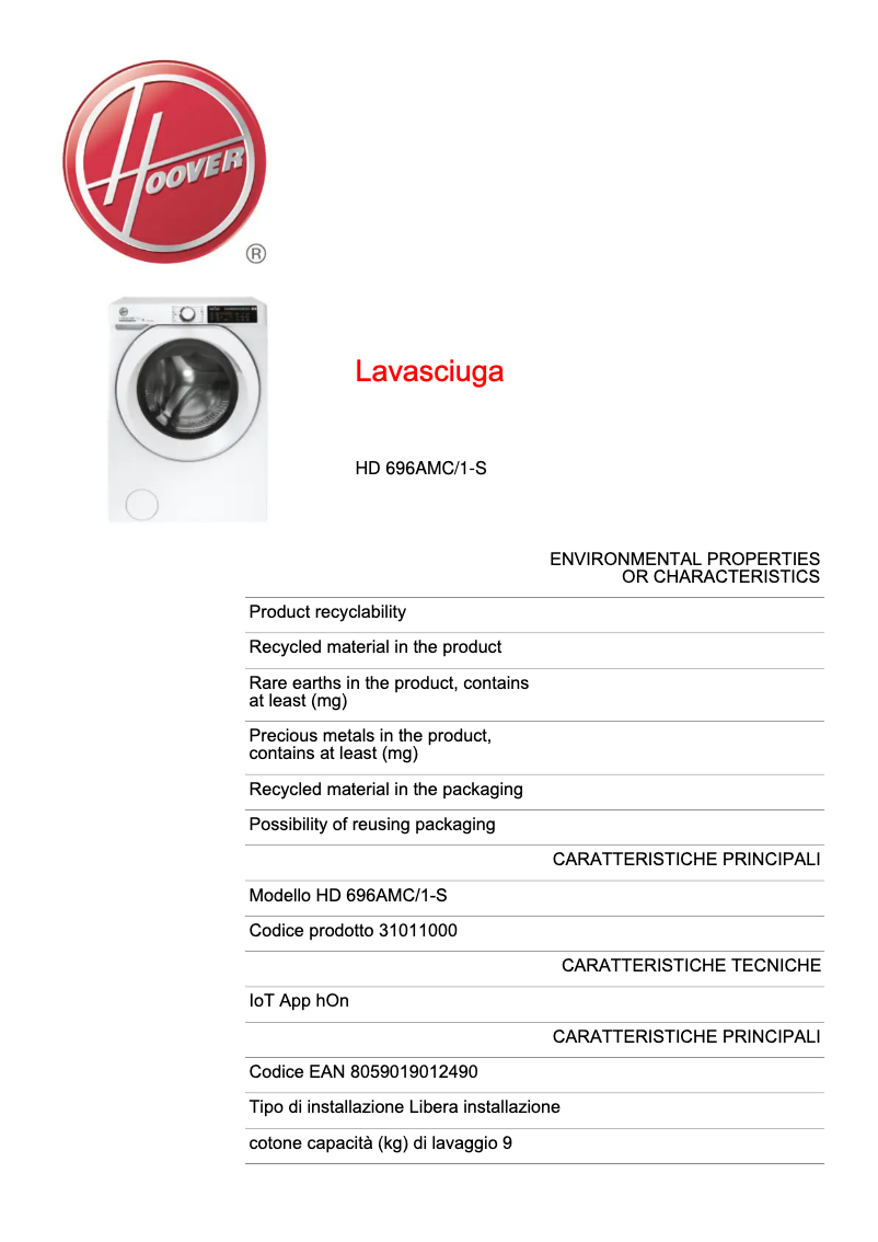 Page n°1 - Fiche technique Hoover HWPS41064DAMR-11
