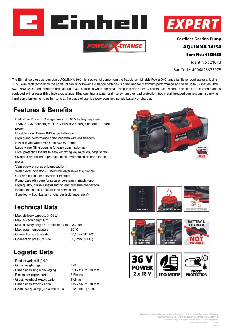 Page n°1 - Fiche technique Einhell AQUINNA 36/34