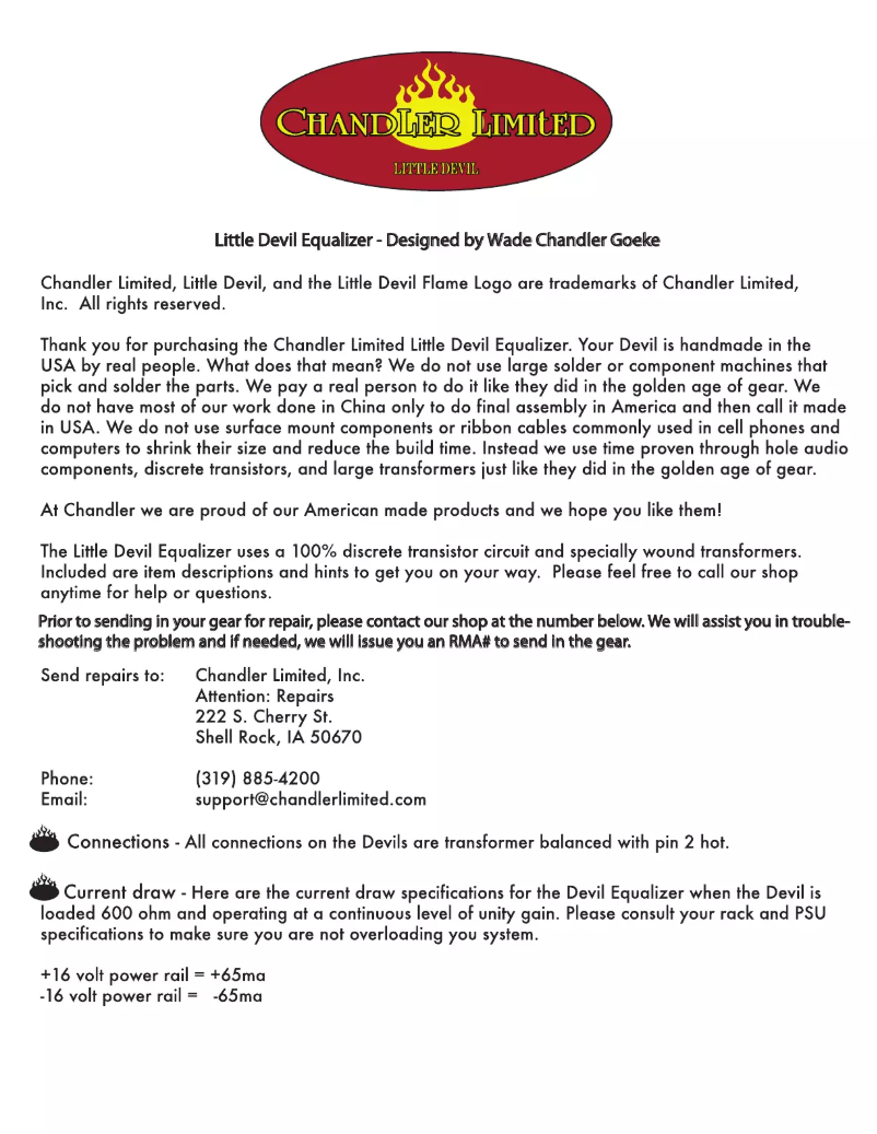 Page 1 de la notice Manuel utilisateur Chandler Little Devil EQ