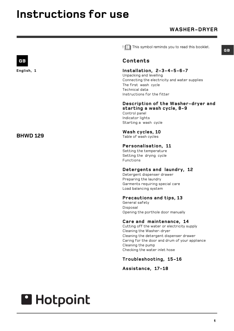 Page 1 de la notice Manuel utilisateur Hotpoint BHWD129