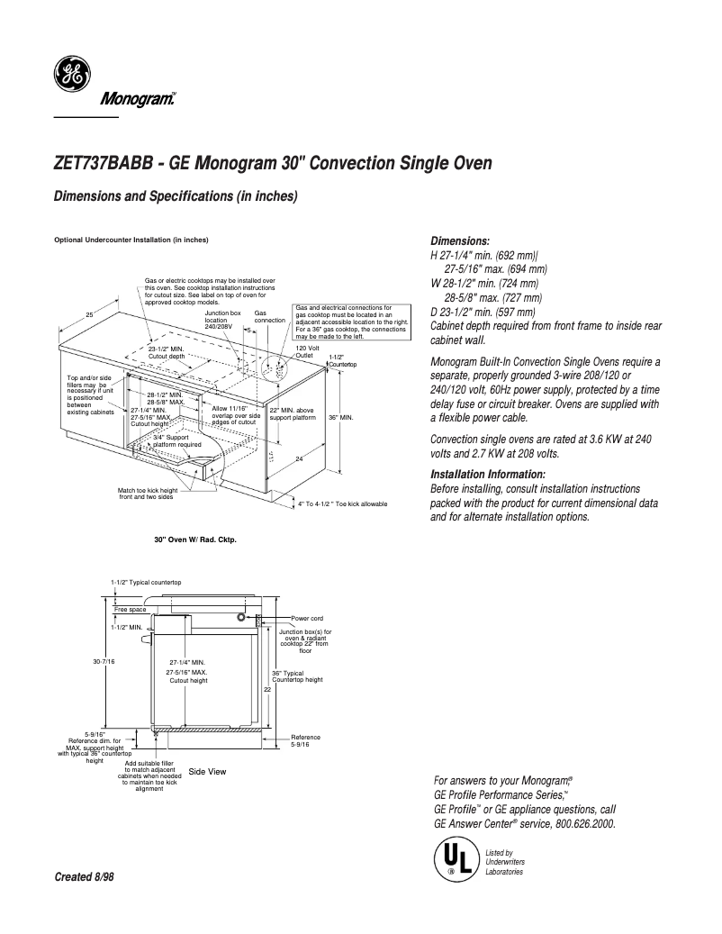 Page 1 de la notice Fiche technique GE ZET737BABB